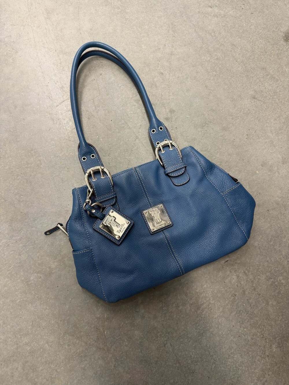 Tignanello Blue Pebbled Leather Shoulder Bag Purse With Silver Buckle Accents
